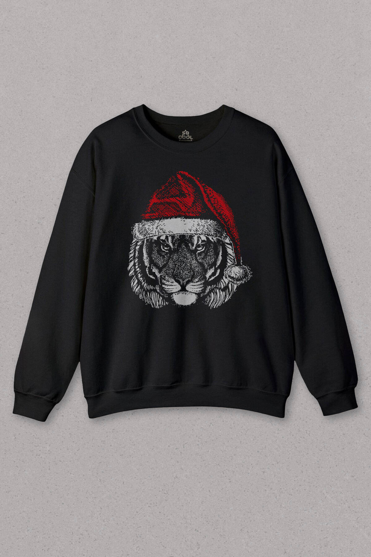 Kaplan Kafası Noel Şapkalı Tiger Wild Cat Yılbaşı Siyah Unisex Bisiklet Yaka Sweatshirt - 1