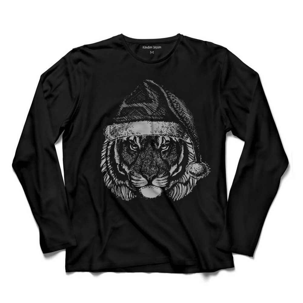 Kaplan Tiger Noel Şapkalı Yılbaşı Christmas Wild Cat Siyah Unisex Uzun Kollu Tişört