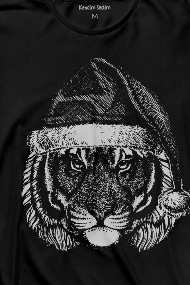 Kaplan Tiger Noel Şapkalı Yılbaşı Christmas Wild Cat Siyah Unisex Uzun Kollu Tişört (1)