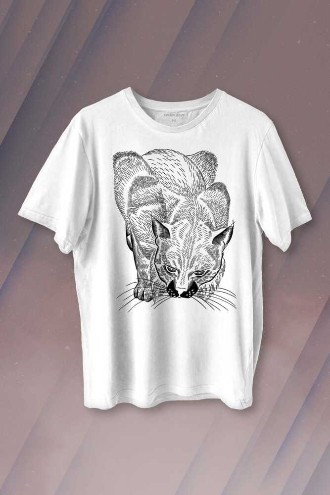 Kara Kedi Siluet Çizim Black Cat Bıyıklı Baskılı Beyaz Tişört Unisex