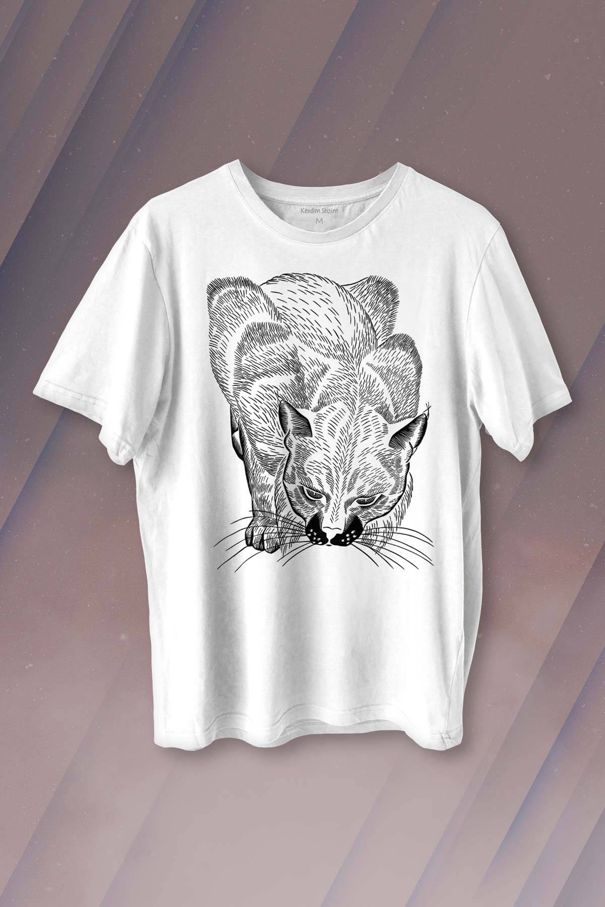 Kara Kedi Siluet Çizim Black Cat Bıyıklı Baskılı Beyaz Tişört Unisex
