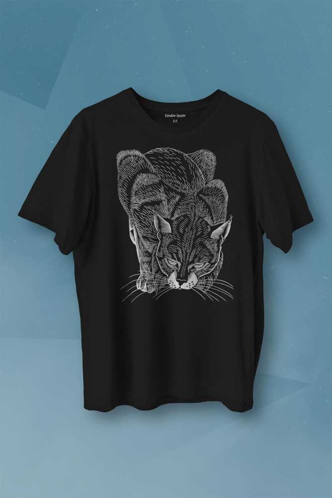 Kara Kedi Siluet Çizim Black Cat Bıyıklı Baskılı Siyah Tişört Unisex
