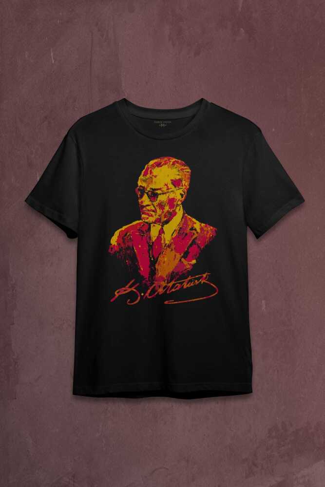 Karizma Gözlüklü Atatürk Sarı Kırmızı Baskılı Tişört Unisex
