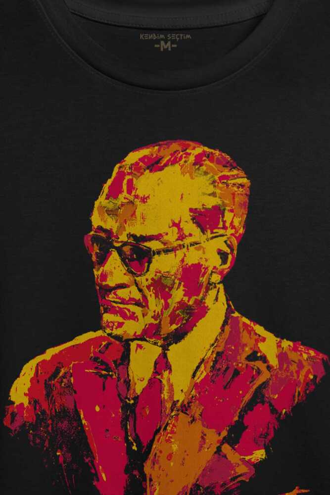 Karizma Gözlüklü Atatürk Sarı Kırmızı Baskılı Tişört Unisex (1)
