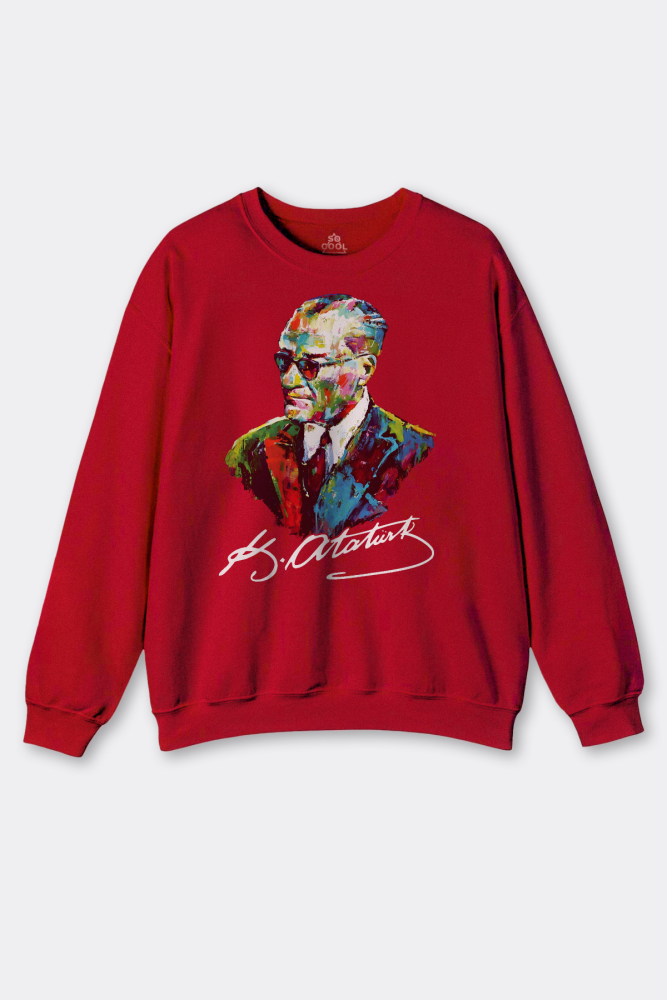 Karizma Gözlüklü Gazi Mustafa Kemal Atatürk Portresi Ata Baskılı Kırmızı Sweatshirt