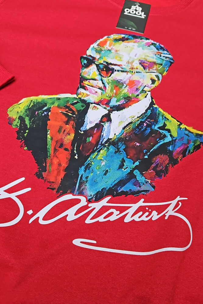 Karizma Gözlüklü Gazi Mustafa Kemal Atatürk Portresi Ata Baskılı Kırmızı Sweatshirt (1)