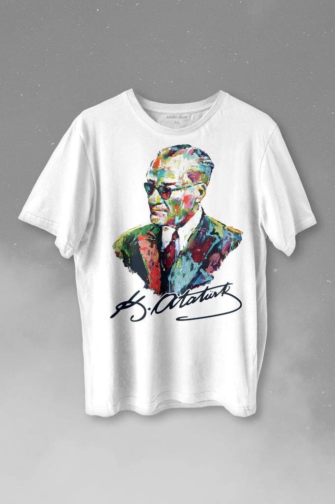 Karizma Gözlüklü Gazi Mustafa Kemal Atatürk Portresi Baskılı Beyaz Tişört Unisex