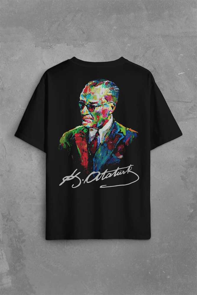 Karizma Gözlüklü Gazi Mustafa Kemal Atatürk Portresi Sırt Ön Baskılı Siyah Oversize Tişört Unisex