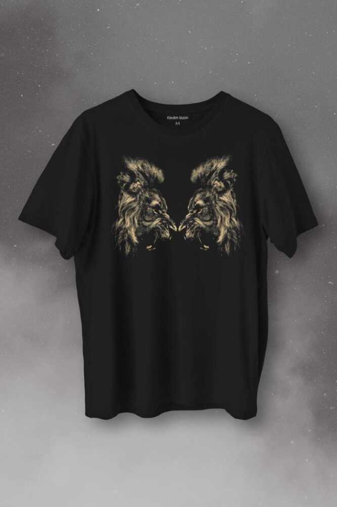 Karşılıklı Kükreyen Aslan Kafaları Lion Head Baskılı Tişört Unisex