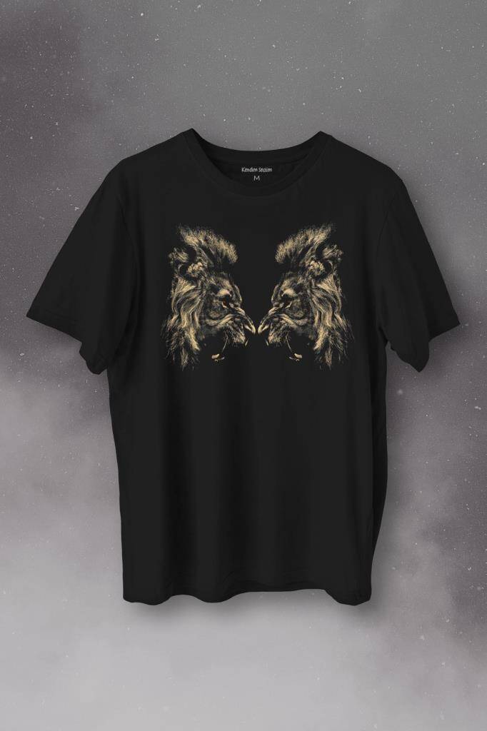 Karşılıklı Kükreyen Aslan Kafaları Lion Head Baskılı Tişört Unisex