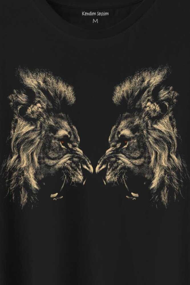 Karşılıklı Kükreyen Aslan Kafaları Lion Head Baskılı Tişört Unisex (1)