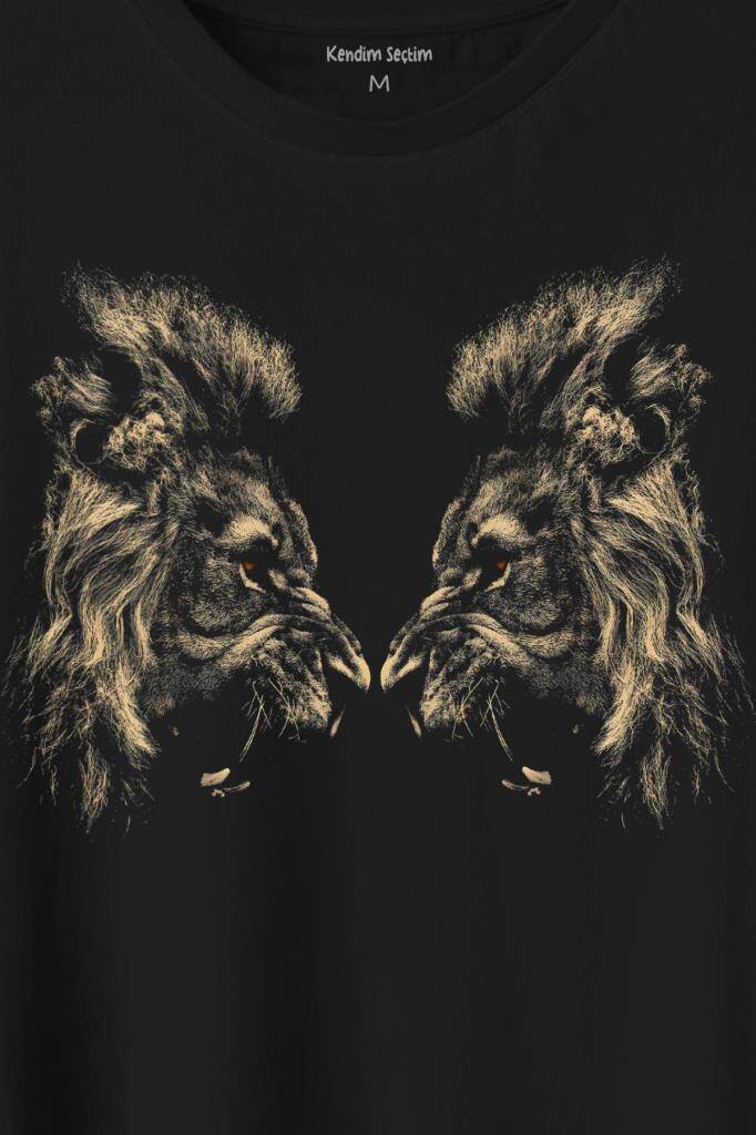 Karşılıklı Kükreyen Aslan Kafaları Lion Head Baskılı Tişört Unisex (1)
