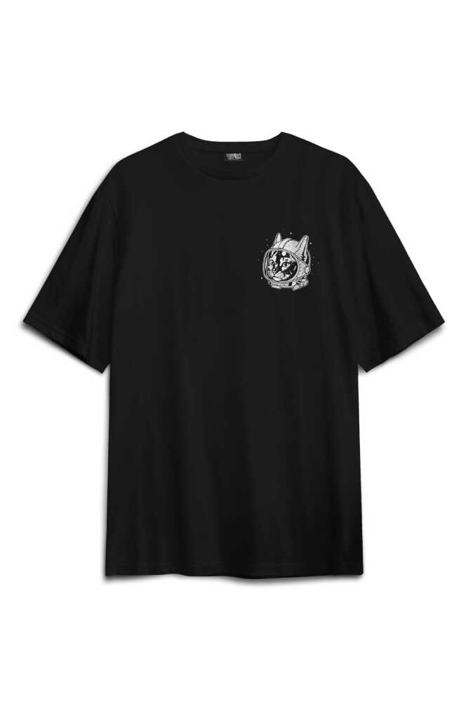 Kedi Kozmonot Astronot Cat NASA Uzay Sırt Ön Baskılı Siyah Unisex Oversize Tişört