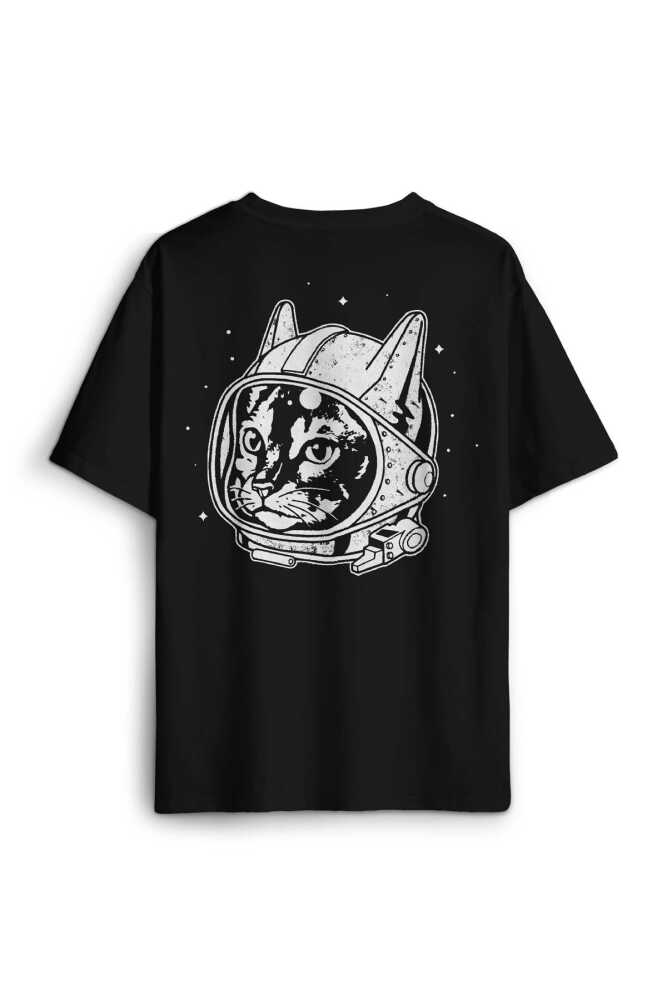 Kedi Kozmonot Astronot Cat NASA Uzay Sırt Ön Baskılı Siyah Unisex Oversize Tişört (1)