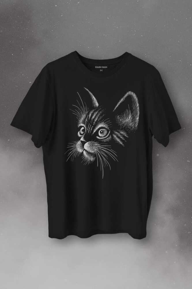 Kedi Silueti Black Cat Çizim Baskılı Tişört Unisex