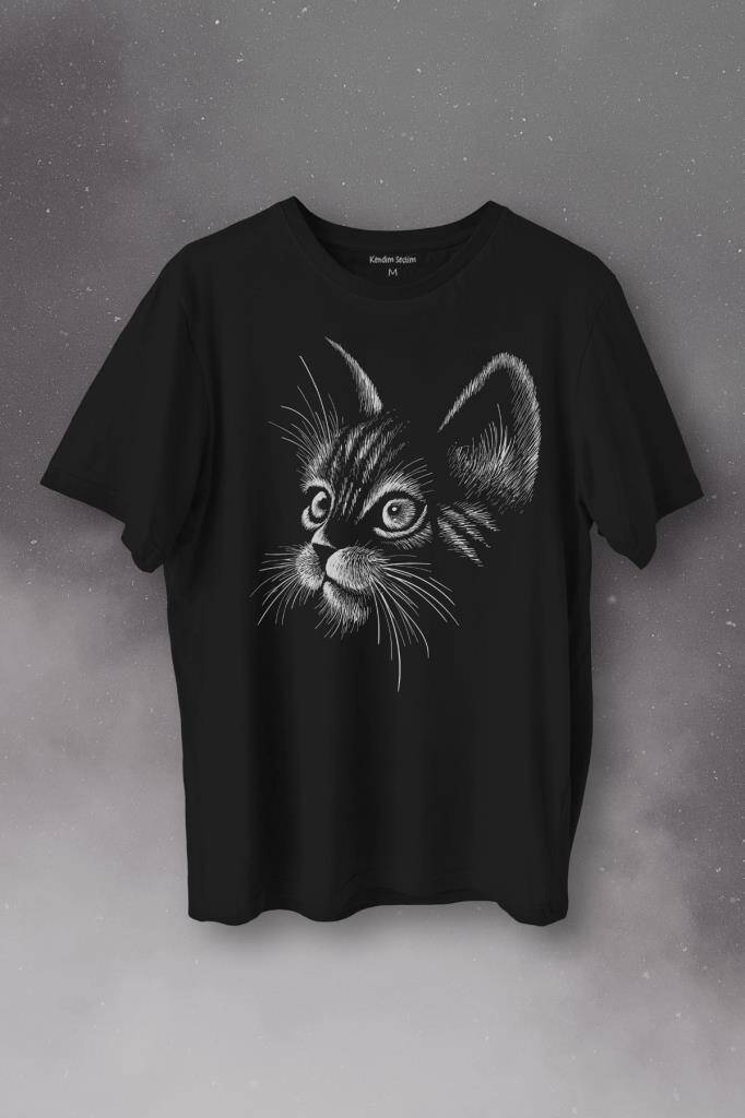 Kedi Silueti Black Cat Çizim Baskılı Tişört Unisex
