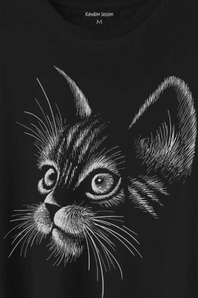 Kedi Silueti Black Cat Çizim Baskılı Tişört Unisex (1)