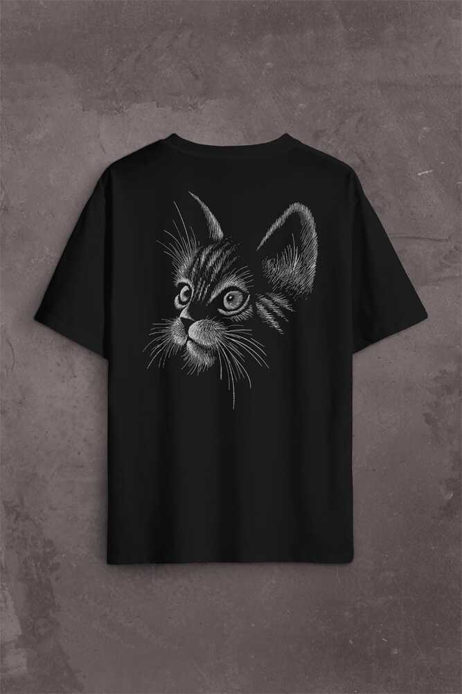Kedi Silueti Black Cat Çizim Sırt Ön Baskılı Oversize Tişört Unisex