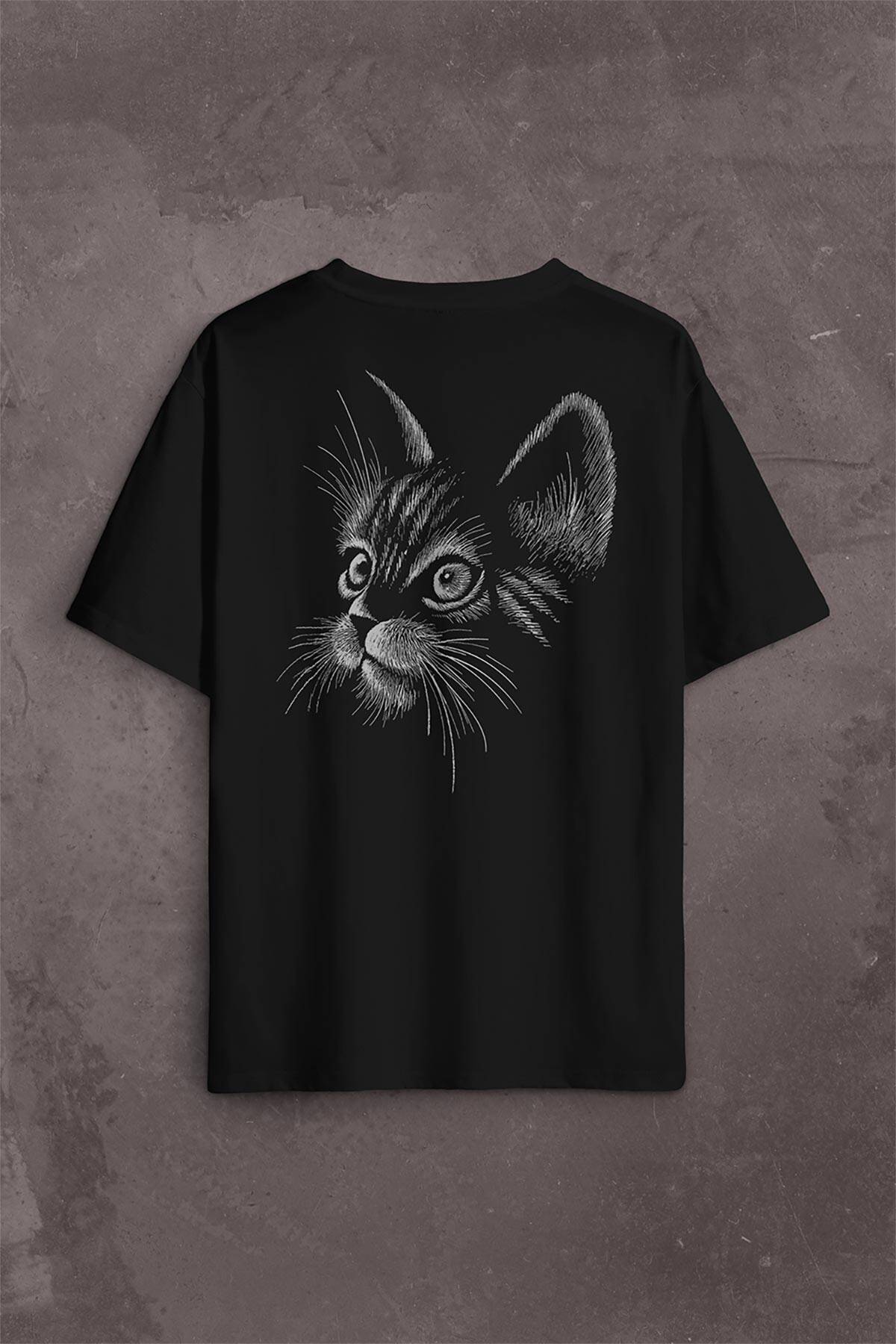 Kedi Silueti Black Cat Çizim Sırt Ön Baskılı Oversize Tişört Unisex
