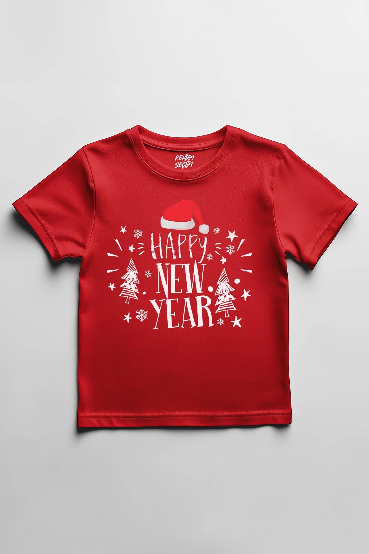 Kırmızı Çocuk Kısa Kollu Tişört Happy New Year Yılbaşı Noel Şapkalı Yeni Yıl - 1