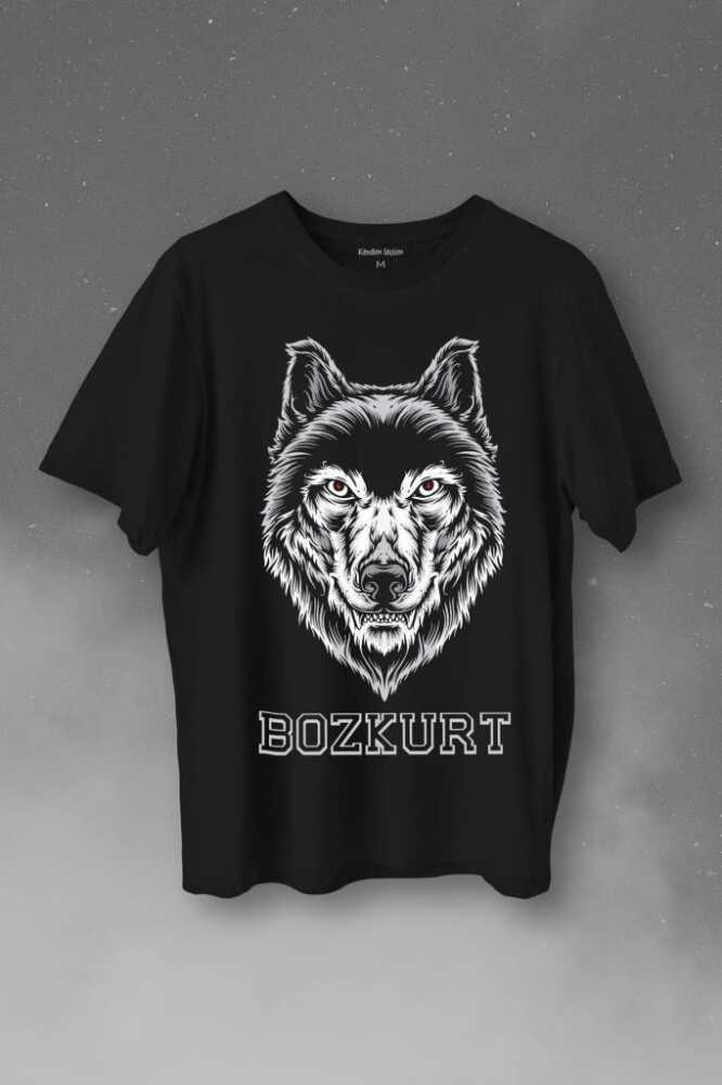 Kırmızı Gözlü Vahşi Kurt Kafası Wolf Head Bozkurt Baskılı Siyah Tişört Unisex