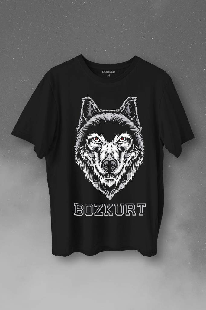 Kırmızı Gözlü Vahşi Kurt Kafası Wolf Head Bozkurt Baskılı Siyah Tişört Unisex