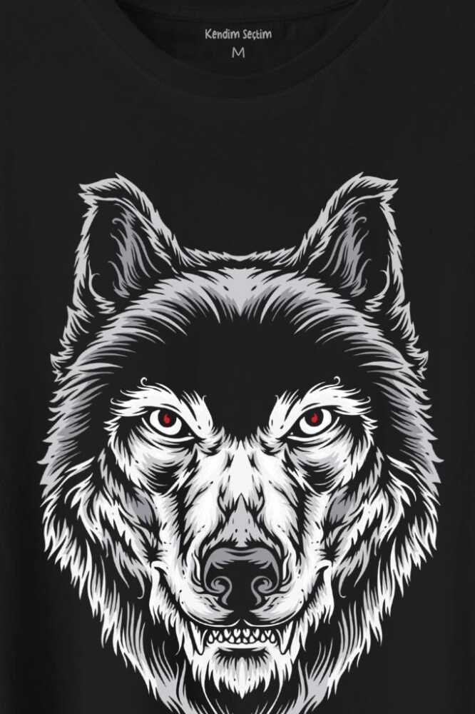 Kırmızı Gözlü Vahşi Kurt Kafası Wolf Head Bozkurt Baskılı Siyah Tişört Unisex (1)