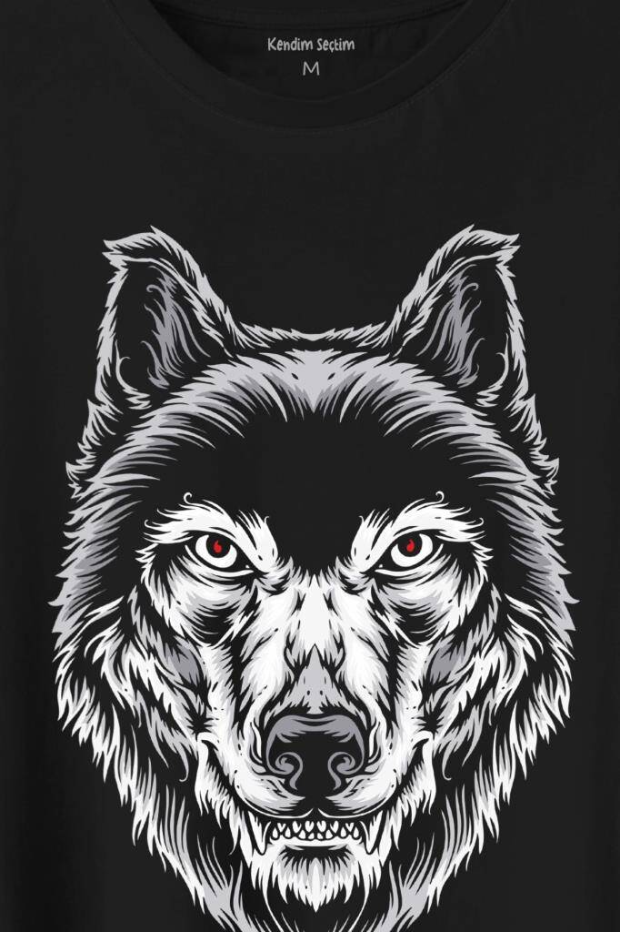 Kırmızı Gözlü Vahşi Kurt Kafası Wolf Head Bozkurt Baskılı Siyah Tişört Unisex (1)