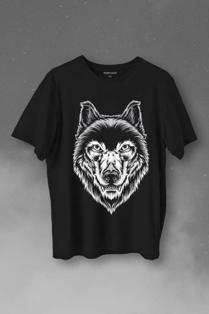 Wolf Head Kırmızı Gözlü Vahşi Kurt Kafası Bozkurt Baskılı Siyah Tişört Unisex