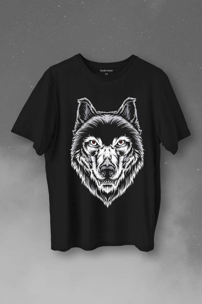 Wolf Head Kırmızı Gözlü Vahşi Kurt Kafası Bozkurt Baskılı Siyah Tişört Unisex