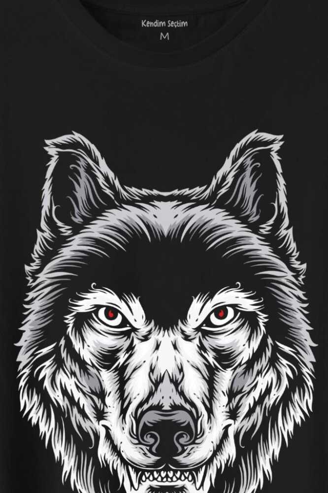 Wolf Head Kırmızı Gözlü Vahşi Kurt Kafası Bozkurt Baskılı Siyah Tişört Unisex (1)