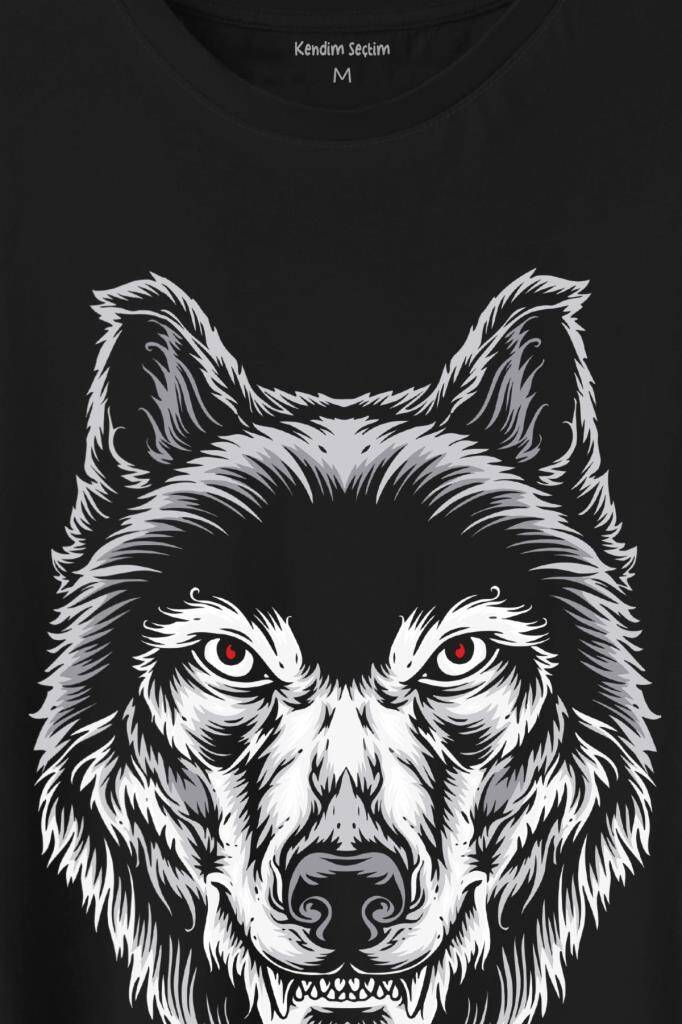 Wolf Head Kırmızı Gözlü Vahşi Kurt Kafası Bozkurt Baskılı Siyah Tişört Unisex (1)