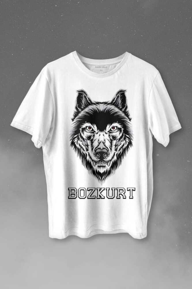 Kırmızı Gözlü Vahşi Kurt Kafası Wolf Head Bozkurt Baskılı Beyaz Tişört Unisex