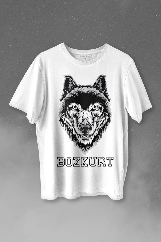Kırmızı Gözlü Vahşi Kurt Kafası Wolf Head Bozkurt Baskılı Beyaz Tişört Unisex