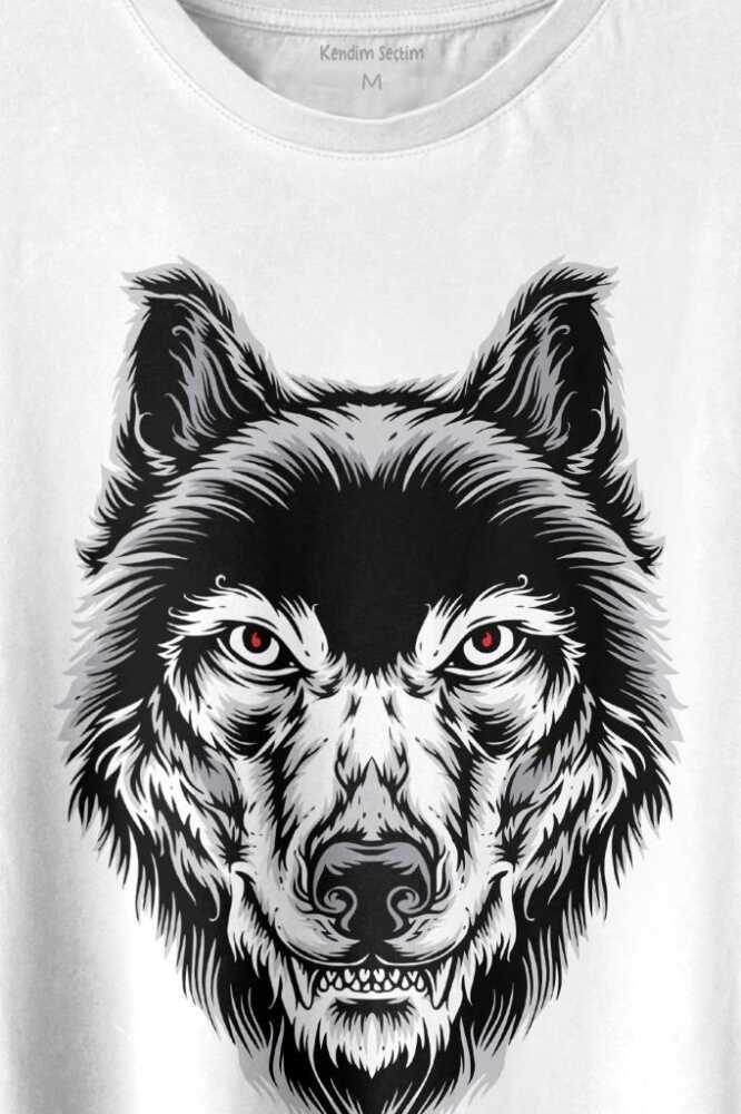 Kırmızı Gözlü Vahşi Kurt Kafası Wolf Head Bozkurt Baskılı Beyaz Tişört Unisex (1)