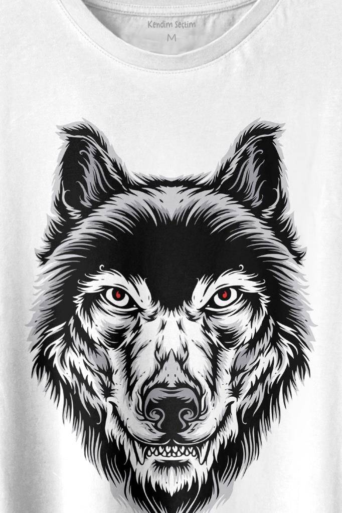 Kırmızı Gözlü Vahşi Kurt Kafası Wolf Head Bozkurt Baskılı Beyaz Tişört Unisex (1)