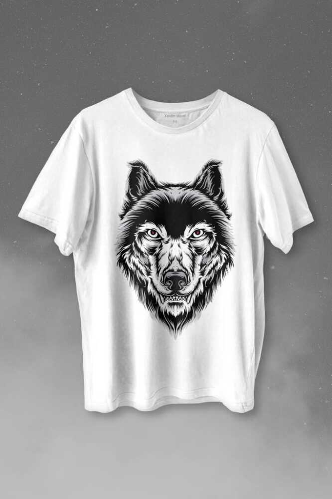 Wolf Head Kırmızı Gözlü Vahşi Kurt Kafası Bozkurt Baskılı Beyaz Tişört Unisex
