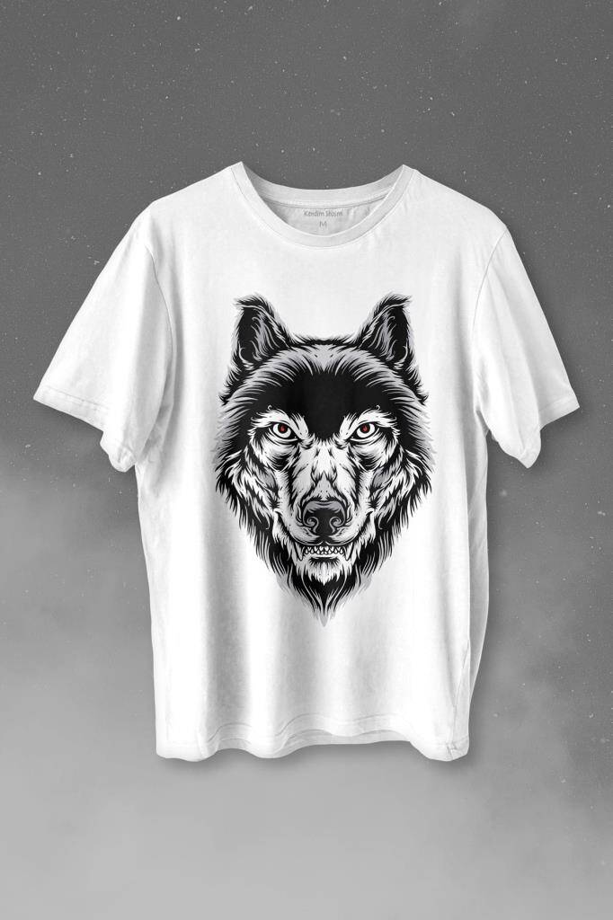 Wolf Head Kırmızı Gözlü Vahşi Kurt Kafası Bozkurt Baskılı Beyaz Tişört Unisex