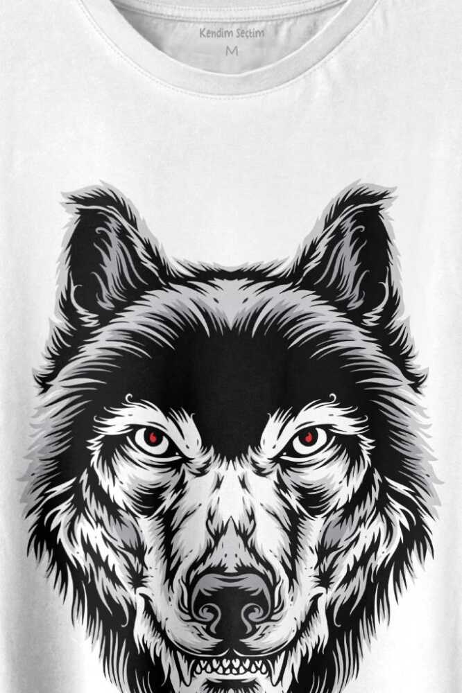 Wolf Head Kırmızı Gözlü Vahşi Kurt Kafası Bozkurt Baskılı Beyaz Tişört Unisex (1)