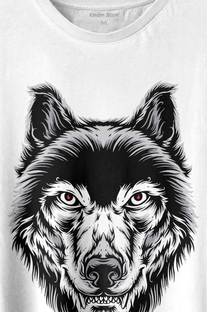 Wolf Head Kırmızı Gözlü Vahşi Kurt Kafası Bozkurt Baskılı Beyaz Tişört Unisex (1)