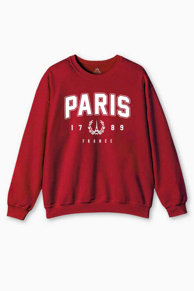 Kırmızı Paris France Fransa Şehir Yazı Baskılı Şardonlu Yumuşak Sweatshirt