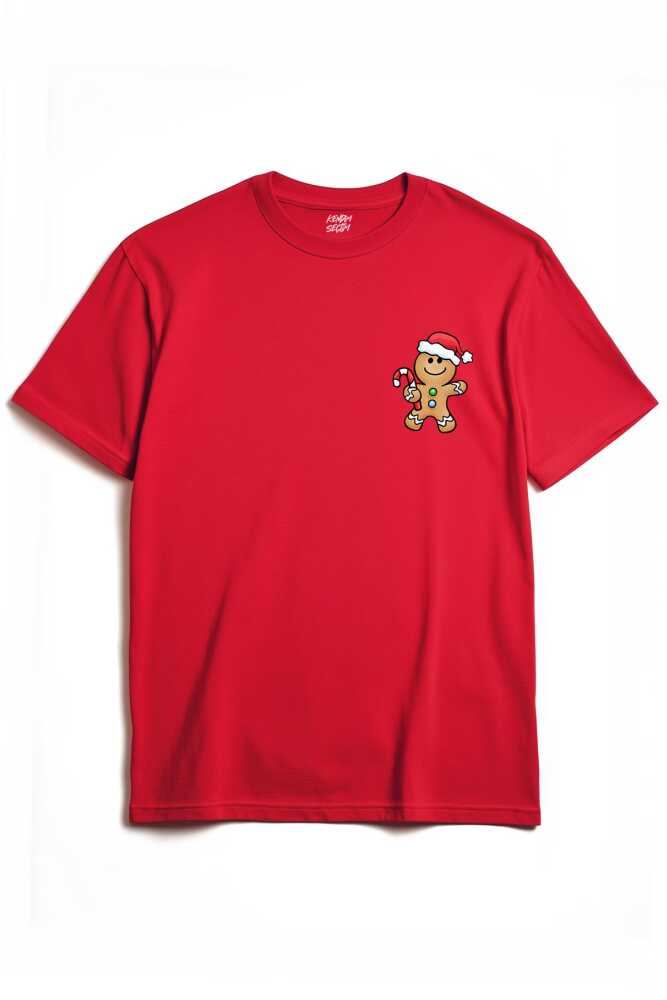 Kırmızı Tişört Kurabiye Adam Yılbaşı Merry Christmas Happy New Year Yeni Yıl Baskılı T-shirt