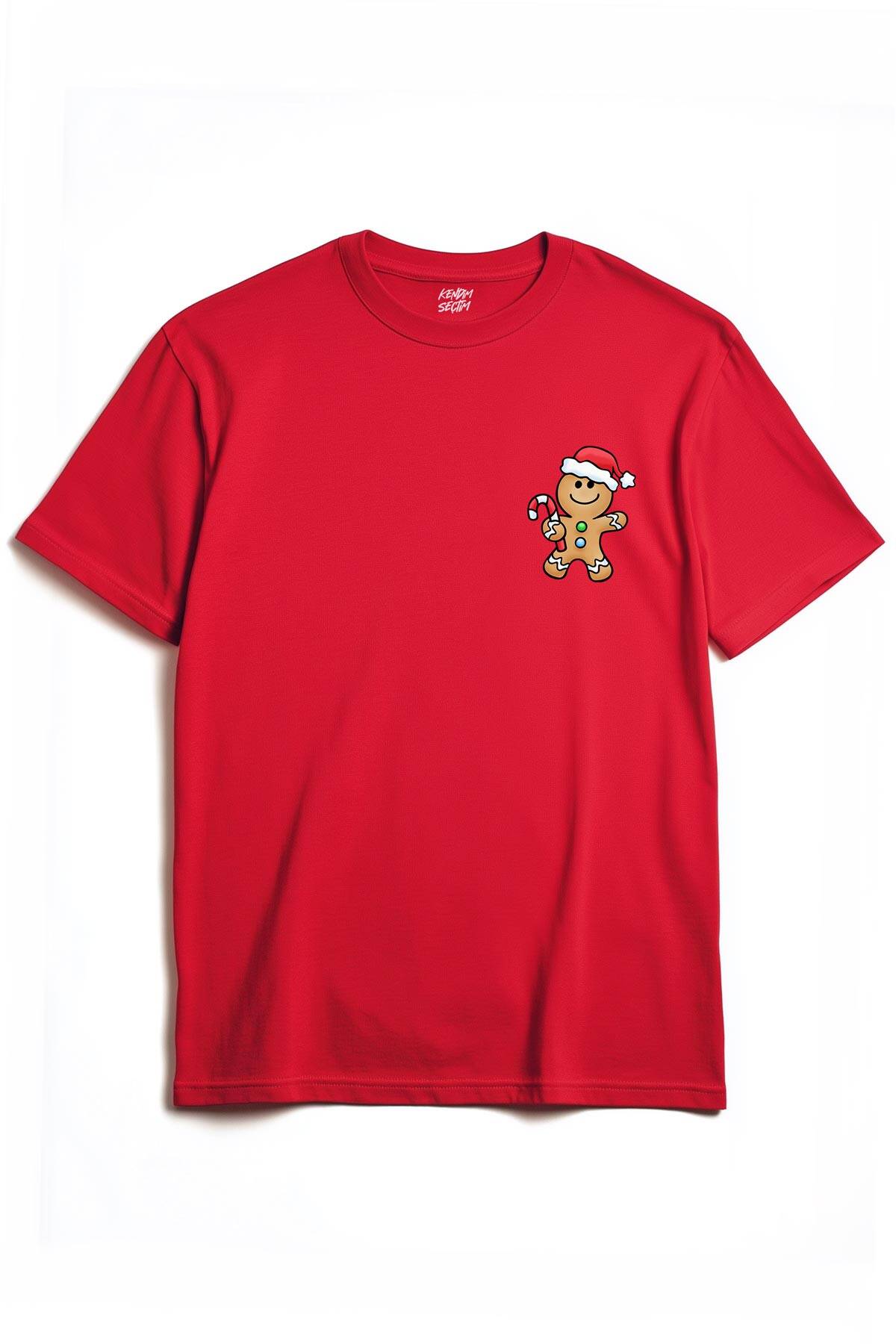 Kırmızı Tişört Kurabiye Adam Yılbaşı Merry Christmas Happy New Year Yeni Yıl Baskılı T-shirt