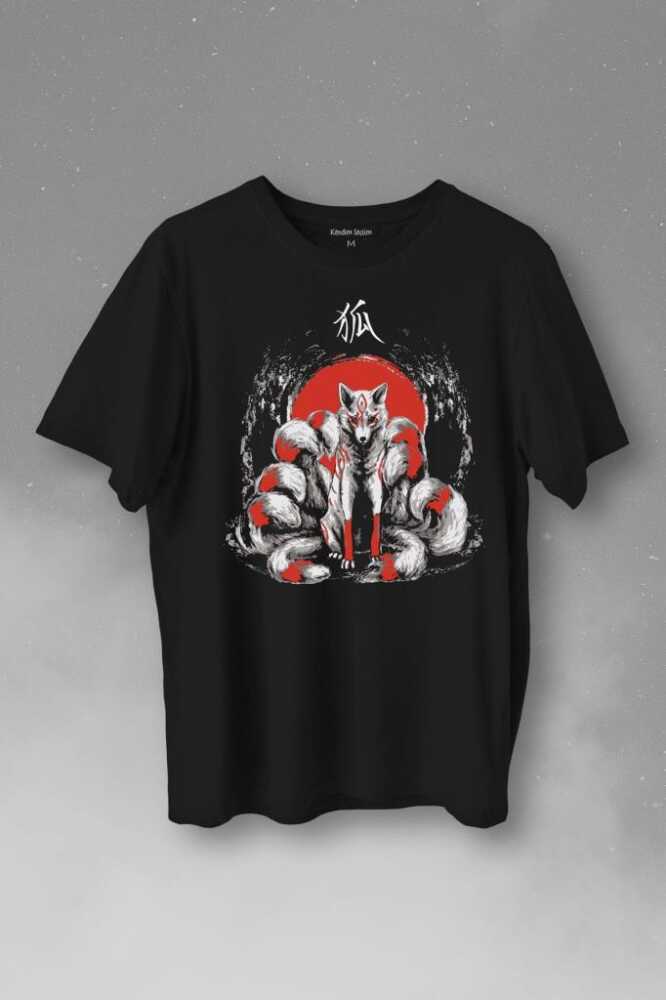 Kitsune Japon Tilkisi Japanese Baskılı Siyah Tişört Unisex