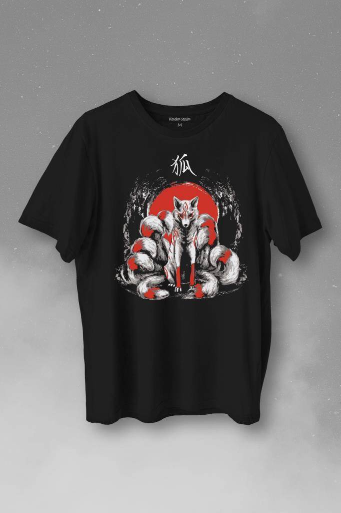 Kitsune Japon Tilkisi Japanese Baskılı Siyah Tişört Unisex