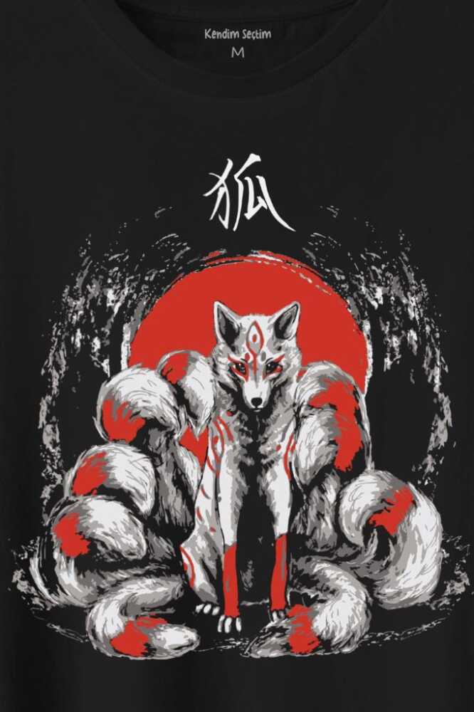 Kitsune Japon Tilkisi Japanese Baskılı Siyah Tişört Unisex (1)