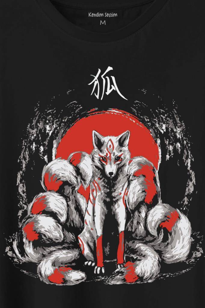 Kitsune Japon Tilkisi Japanese Baskılı Siyah Tişört Unisex (1)