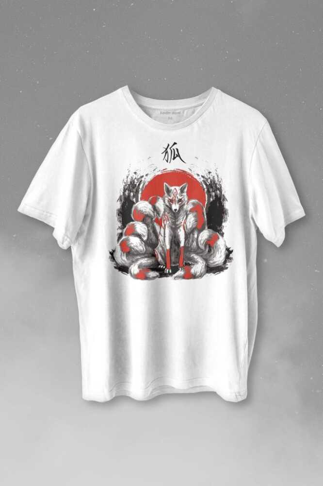 Kitsune Japon Tilkisi Japanese Baskılı Beyaz Tişört Unisex