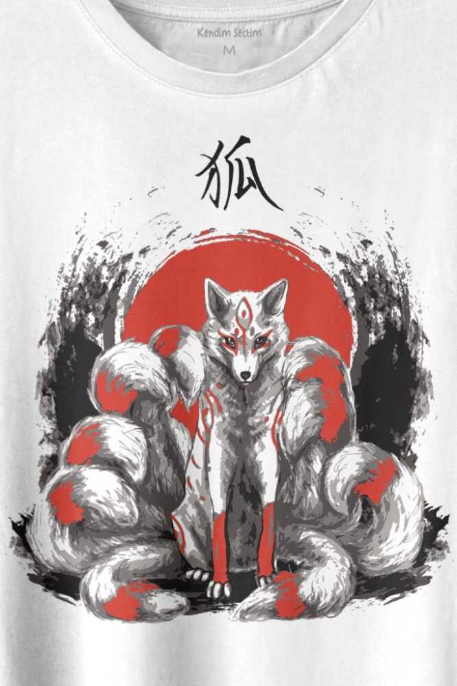 Kitsune Japon Tilkisi Japanese Baskılı Beyaz Tişört Unisex (1)