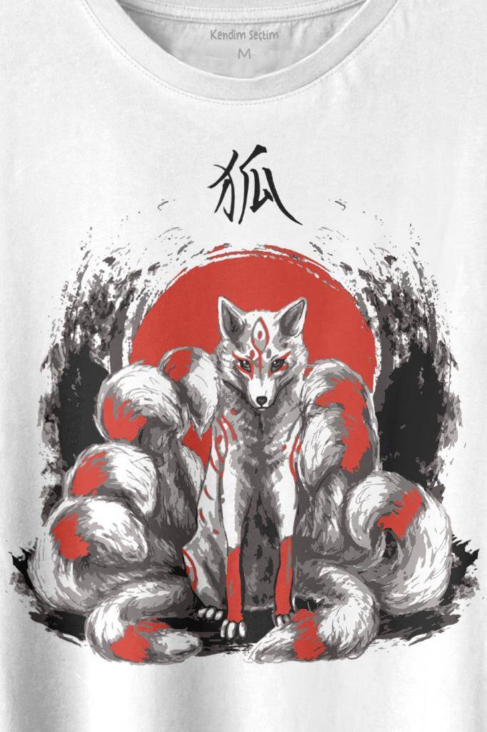 Kitsune Japon Tilkisi Japanese Baskılı Beyaz Tişört Unisex (1)